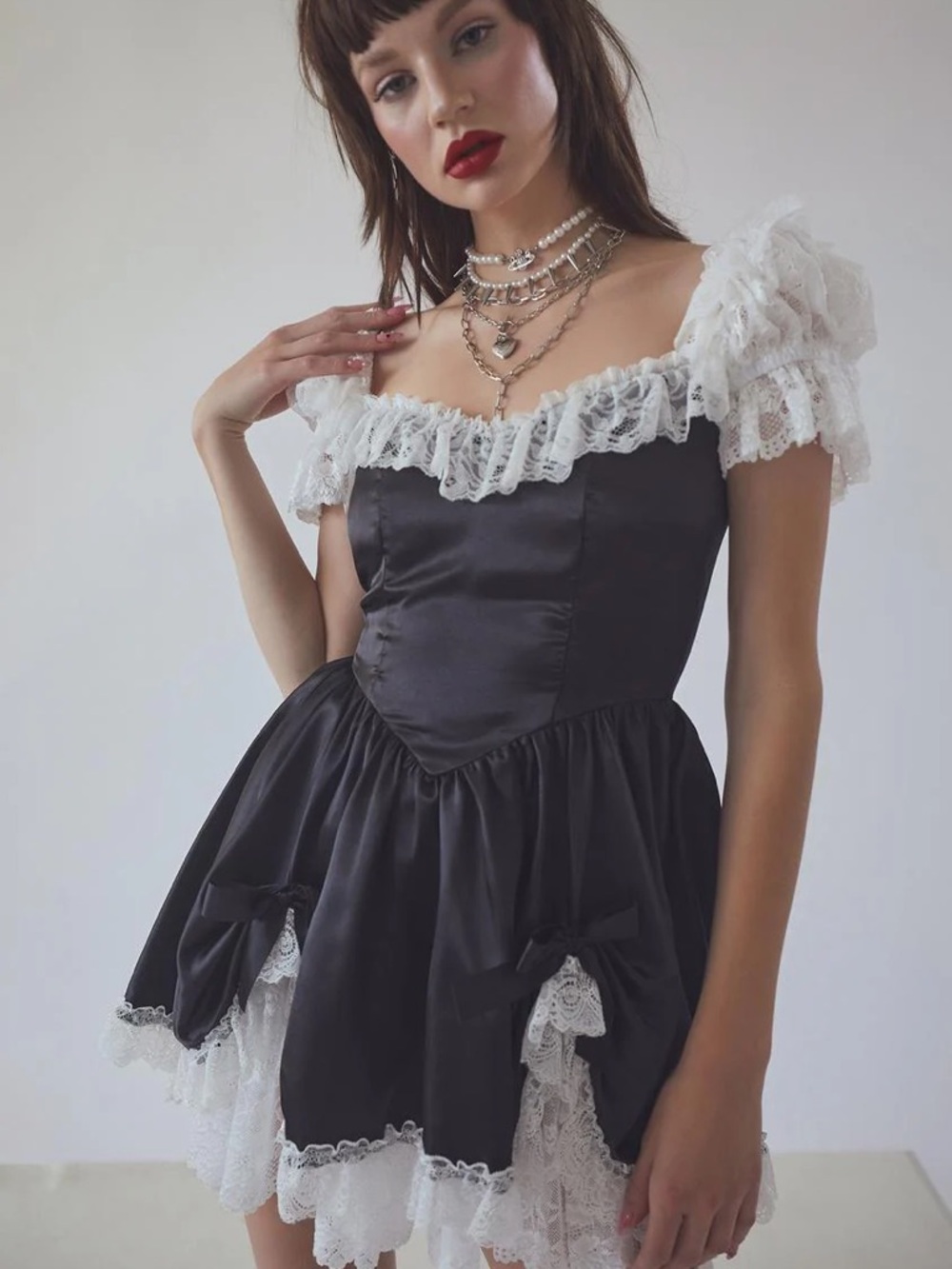 Black Satin Lace-Trim Off-Shoulder Mini Dress